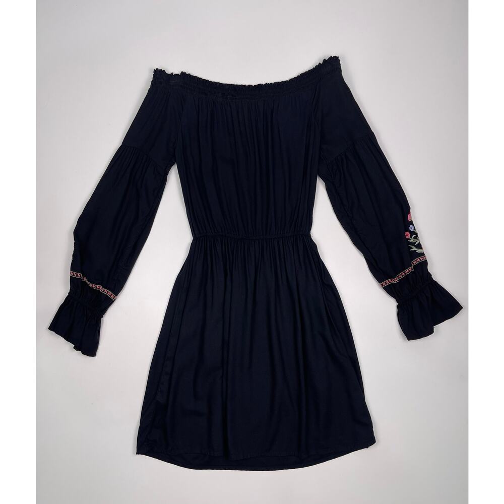 Hollister Size XS Black Floral Embroidered Long‑Sleeve Babydoll Dress - Picture 8 of 13
